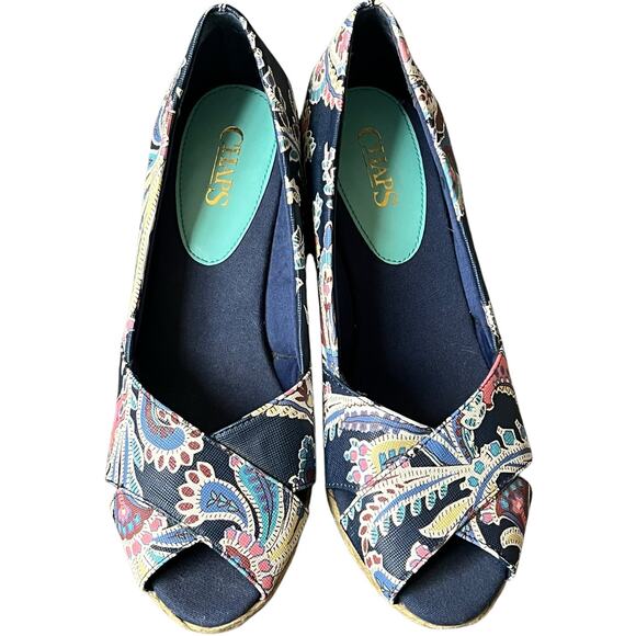 Chaps Espadrille Wedges Women 7.5 Blue Floral Slip On Peep Toe Shoes Boho Resort - Picture 3 of 12